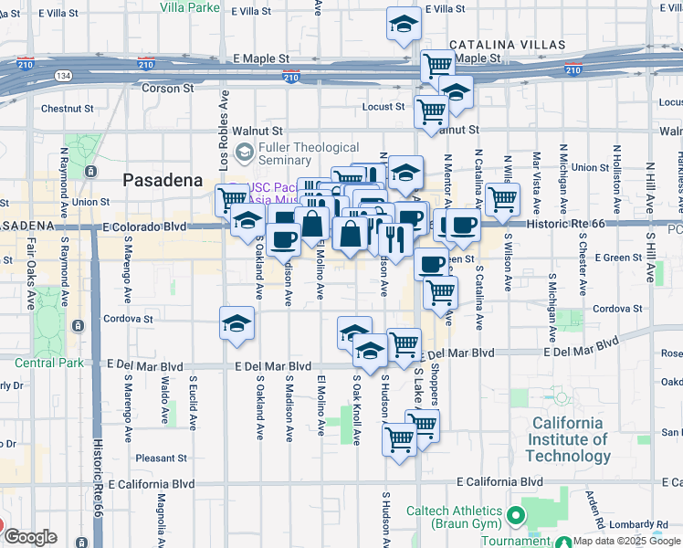 map of restaurants, bars, coffee shops, grocery stores, and more near 701 Mira Monte Place in Pasadena