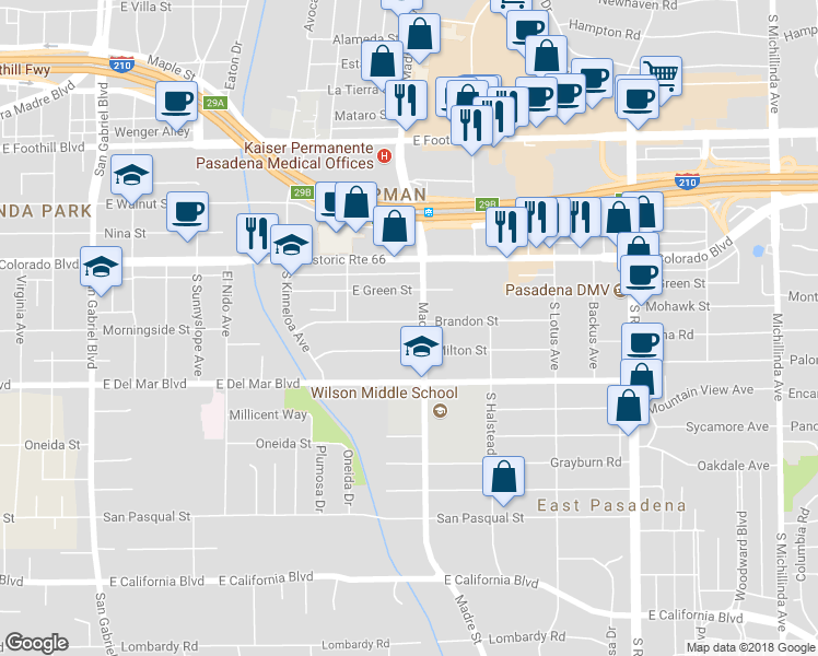 map of restaurants, bars, coffee shops, grocery stores, and more near 3344 Brandon Street in Pasadena