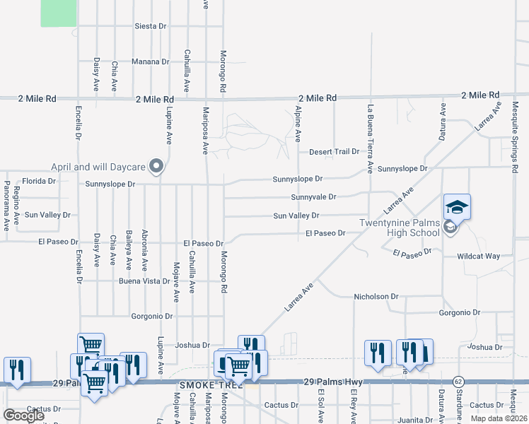 map of restaurants, bars, coffee shops, grocery stores, and more near 72210 Sun Valley Drive in Twentynine Palms