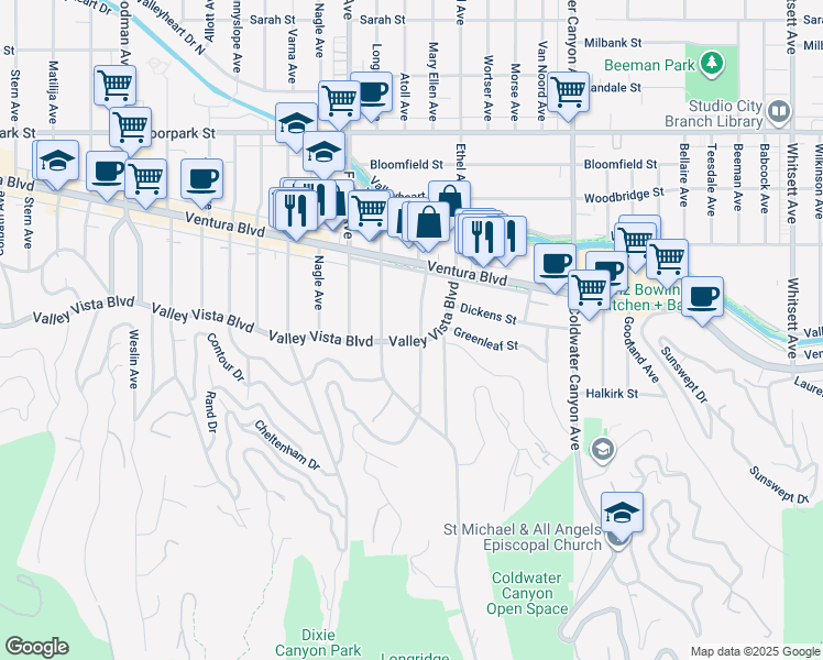 map of restaurants, bars, coffee shops, grocery stores, and more near 4109 Mary Ellen Avenue in Los Angeles