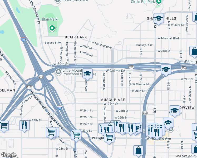 map of restaurants, bars, coffee shops, grocery stores, and more near 2881 North Davidson Avenue in San Bernardino
