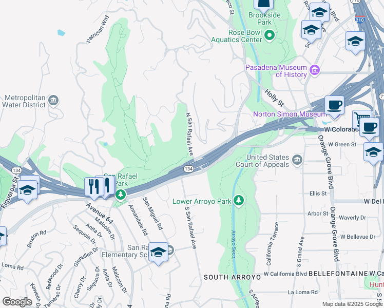 map of restaurants, bars, coffee shops, grocery stores, and more near 30 North San Rafael Avenue in Pasadena