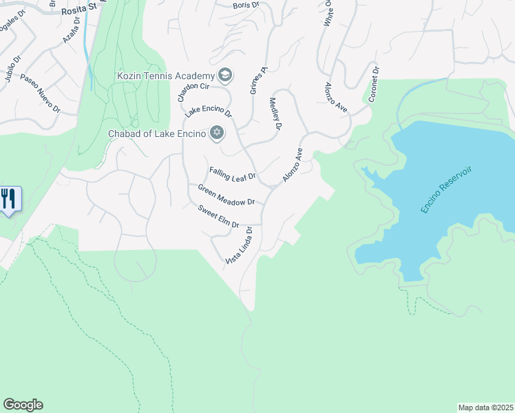 map of restaurants, bars, coffee shops, grocery stores, and more near 18049 Green Meadow Drive in Los Angeles