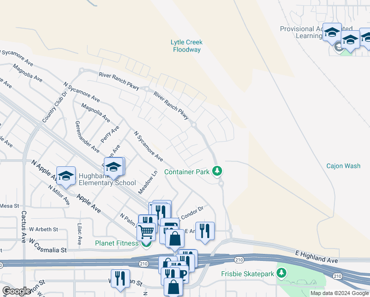map of restaurants, bars, coffee shops, grocery stores, and more near 366 Silverwood Court in Rialto