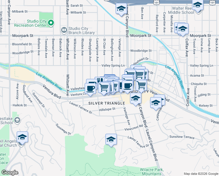 map of restaurants, bars, coffee shops, grocery stores, and more near 12225 Ventura Boulevard in Los Angeles