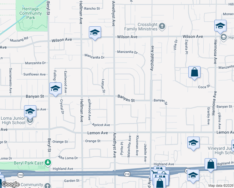 map of restaurants, bars, coffee shops, grocery stores, and more near 6056 Amethyst Street in Rancho Cucamonga