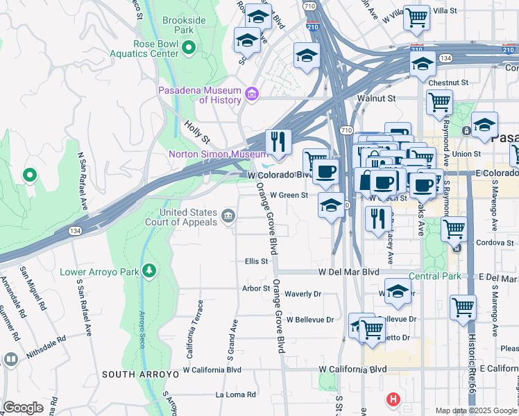 map of restaurants, bars, coffee shops, grocery stores, and more near 111 South Orange Grove Boulevard in Pasadena