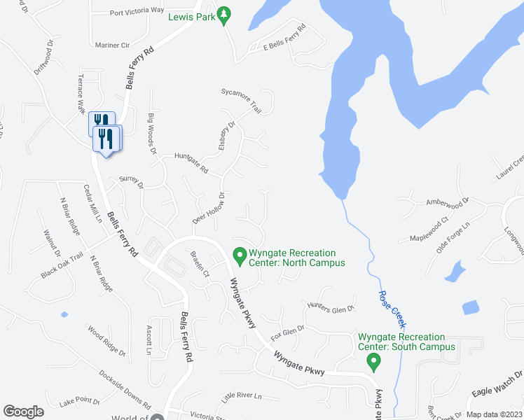 map of restaurants, bars, coffee shops, grocery stores, and more near 1017 Chatsworth Lane in Woodstock