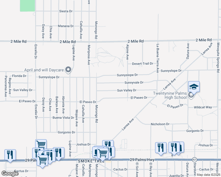 map of restaurants, bars, coffee shops, grocery stores, and more near 72192 Sun Valley Drive in Twentynine Palms