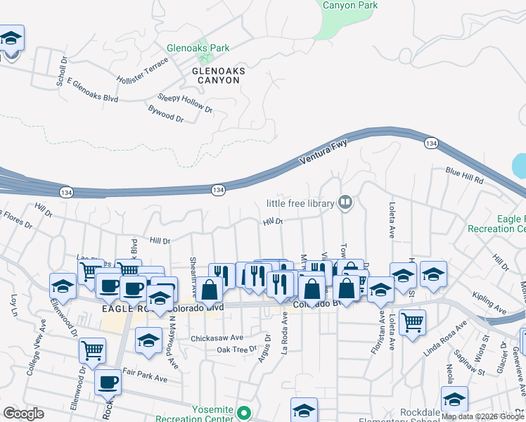 map of restaurants, bars, coffee shops, grocery stores, and more near 5332 Argus Drive in Los Angeles