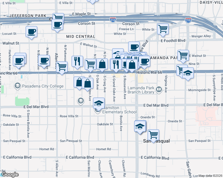 map of restaurants, bars, coffee shops, grocery stores, and more near 109 South Grand Oaks Avenue in Pasadena