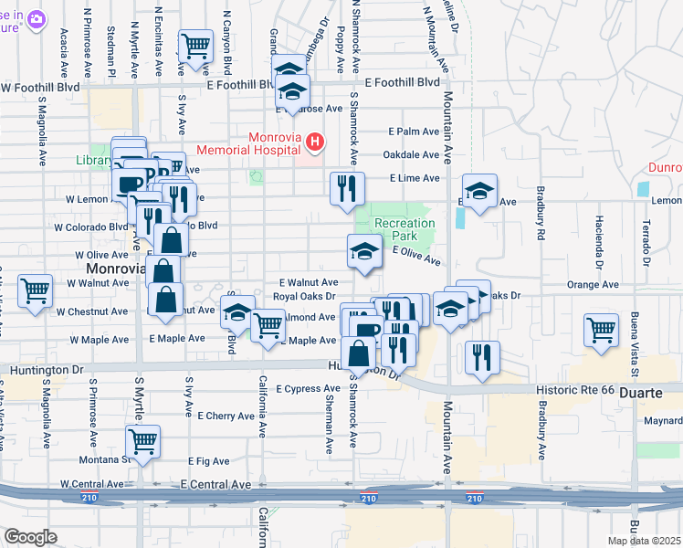 map of restaurants, bars, coffee shops, grocery stores, and more near 619 East Walnut Avenue in Monrovia