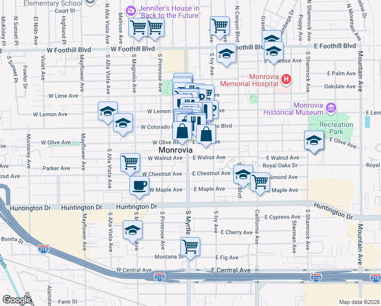 map of restaurants, bars, coffee shops, grocery stores, and more near 710 South Myrtle Avenue in Monrovia