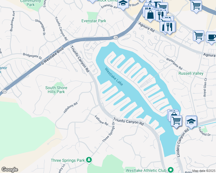 map of restaurants, bars, coffee shops, grocery stores, and more near 2406 Windward Circle in Westlake Village