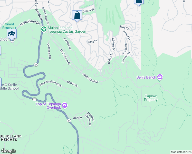 map of restaurants, bars, coffee shops, grocery stores, and more near 21226 Escondido Street in Los Angeles