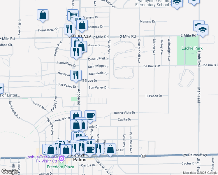 map of restaurants, bars, coffee shops, grocery stores, and more near 75555 Sun Valley Drive in Twentynine Palms