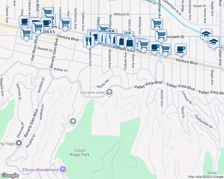 map of restaurants, bars, coffee shops, grocery stores, and more near 13952 Valley Vista Boulevard in Los Angeles