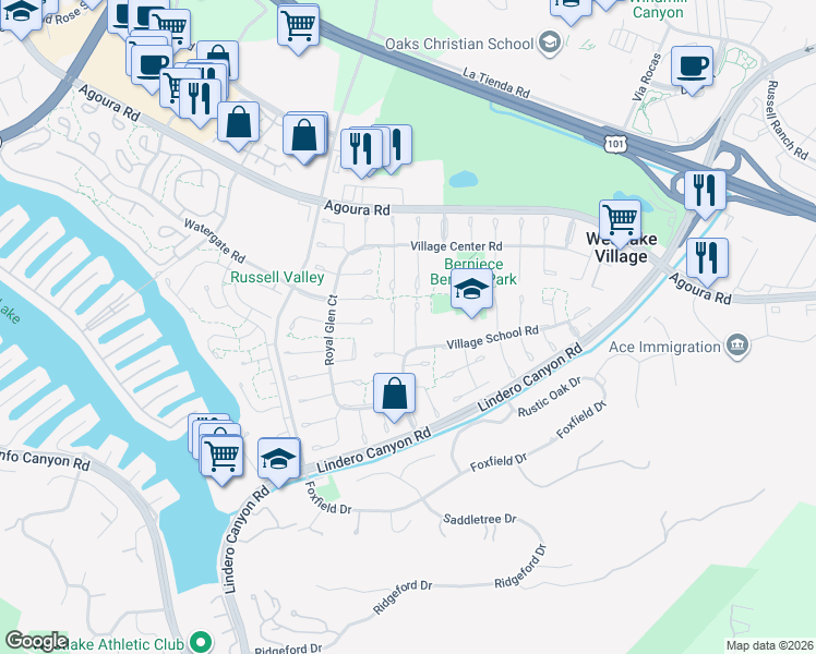map of restaurants, bars, coffee shops, grocery stores, and more near 4312 Crownfield Court in Westlake Village