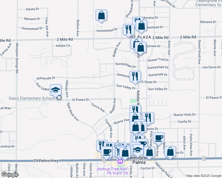 map of restaurants, bars, coffee shops, grocery stores, and more near 6038 Bagley Avenue in Twentynine Palms
