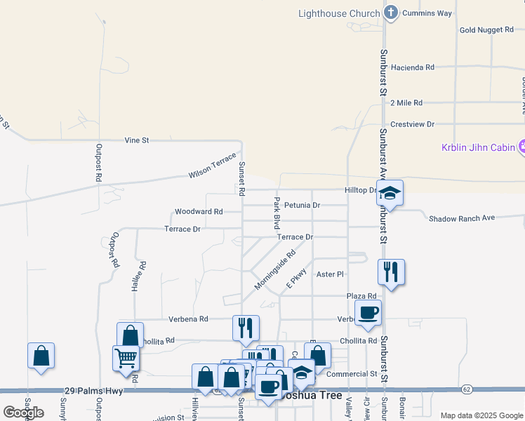 map of restaurants, bars, coffee shops, grocery stores, and more near 61761 Petunia Drive in Joshua Tree