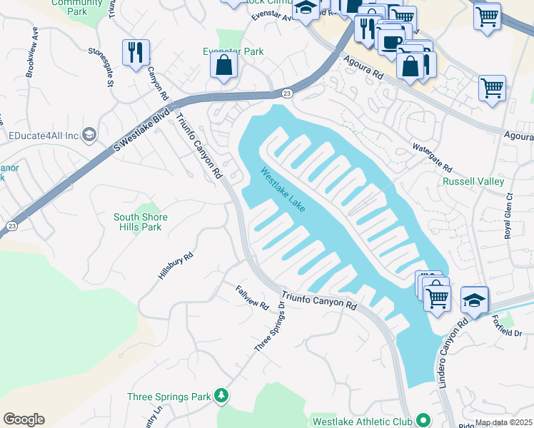 map of restaurants, bars, coffee shops, grocery stores, and more near 2406 Windward Circle in Westlake Village
