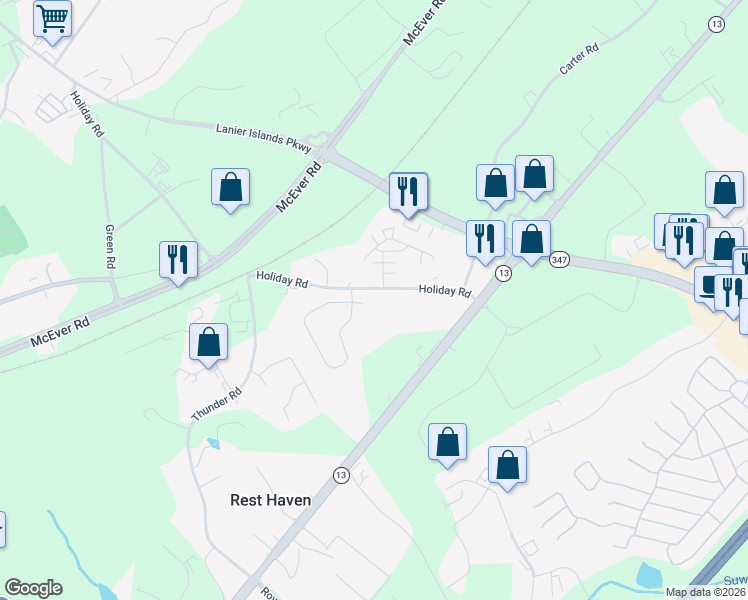 map of restaurants, bars, coffee shops, grocery stores, and more near 319 Slate Court in Buford