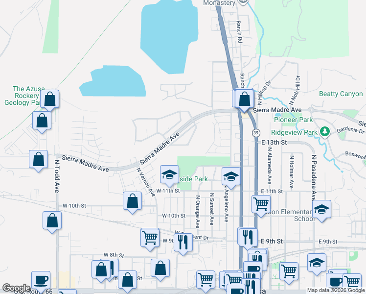 map of restaurants, bars, coffee shops, grocery stores, and more near 628 West Point O Woods Drive in Azusa