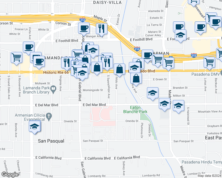 map of restaurants, bars, coffee shops, grocery stores, and more near 2915 Morningside Street in Pasadena