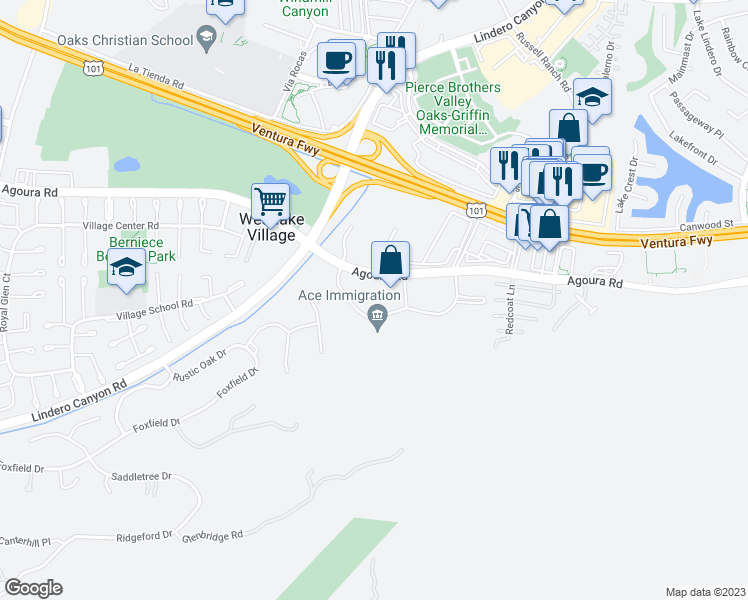 map of restaurants, bars, coffee shops, grocery stores, and more near 31330 Oak Crest Drive in Westlake Village