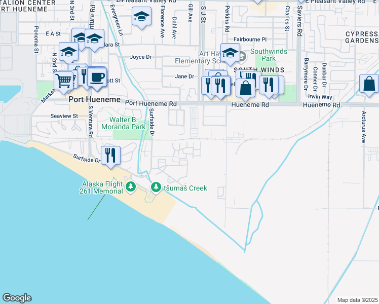 map of restaurants, bars, coffee shops, grocery stores, and more near 771 Ocean Breeze Drive in Port Hueneme