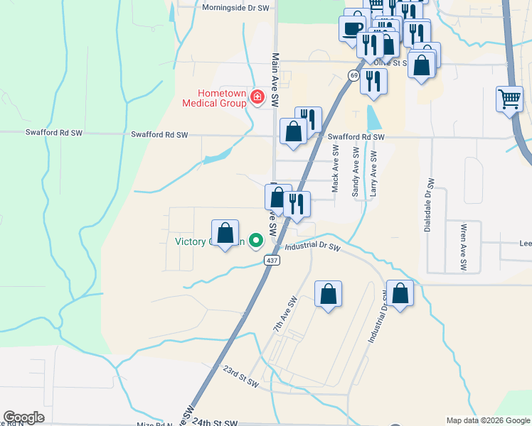 map of restaurants, bars, coffee shops, grocery stores, and more near 2023-2103 Main Avenue Southwest in Cullman