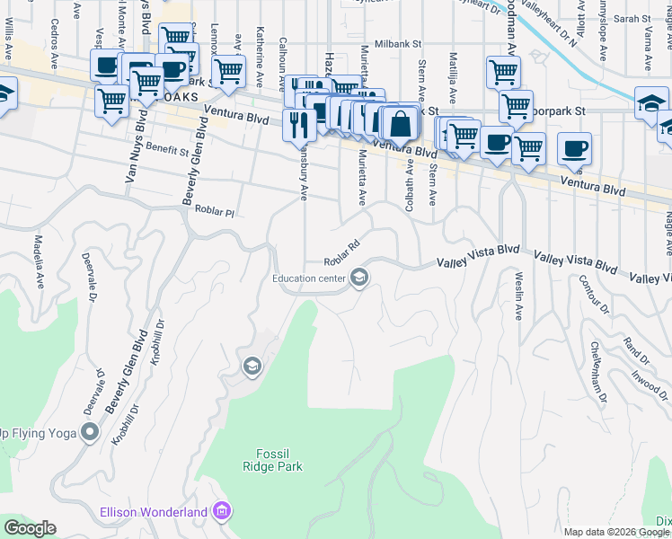 map of restaurants, bars, coffee shops, grocery stores, and more near 14074 Roblar Road in Los Angeles