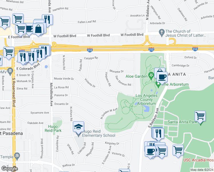 map of restaurants, bars, coffee shops, grocery stores, and more near 319 Vaquero Road in Arcadia