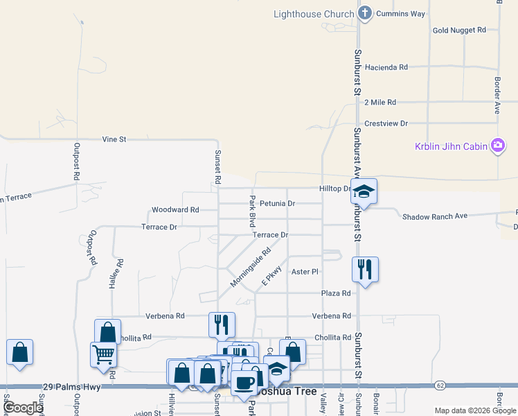 map of restaurants, bars, coffee shops, grocery stores, and more near 61822 Petunia Drive in Joshua Tree
