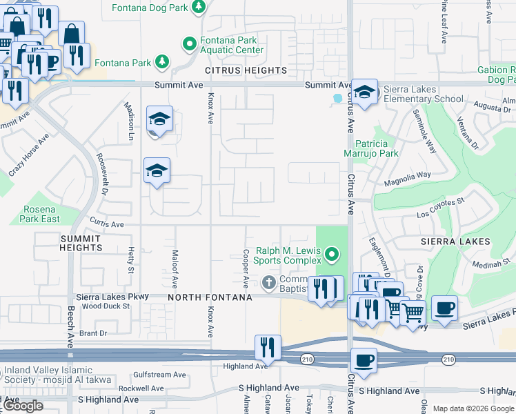 map of restaurants, bars, coffee shops, grocery stores, and more near 15635 Dobbs Peak Lane in Fontana