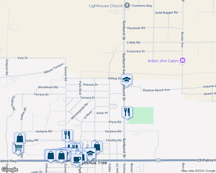 map of restaurants, bars, coffee shops, grocery stores, and more near Valley View Street in Joshua Tree