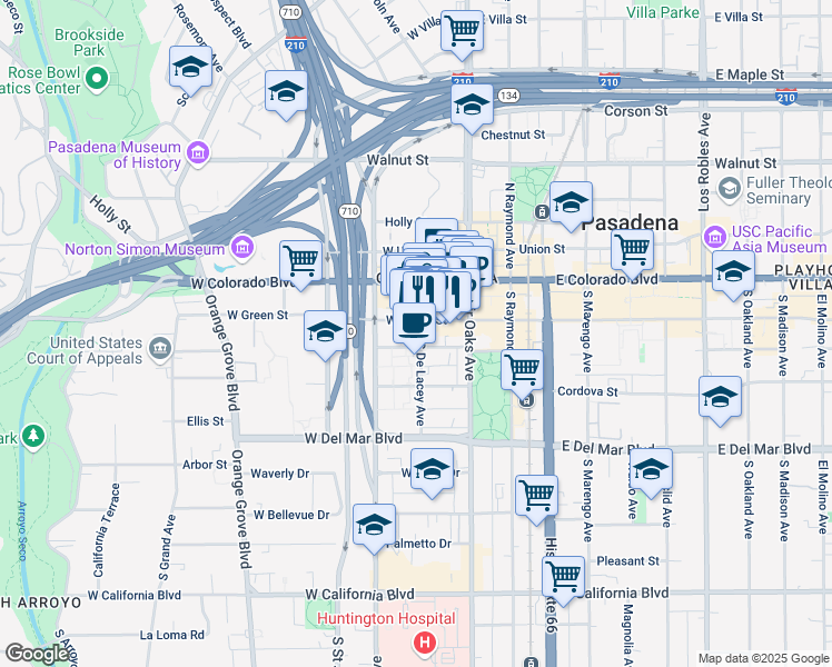 map of restaurants, bars, coffee shops, grocery stores, and more near 111 South De Lacey Avenue in Pasadena