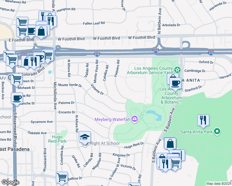 map of restaurants, bars, coffee shops, grocery stores, and more near 319 Vaquero Road in Arcadia