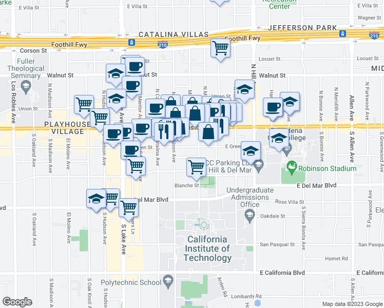 map of restaurants, bars, coffee shops, grocery stores, and more near 1159 Steuben Street in Pasadena