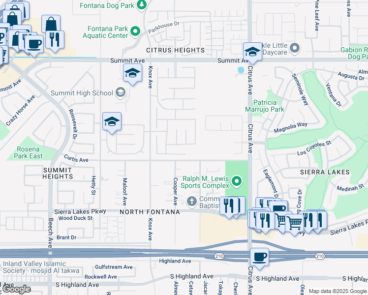 map of restaurants, bars, coffee shops, grocery stores, and more near 15635 Dobbs Peak Lane in Fontana