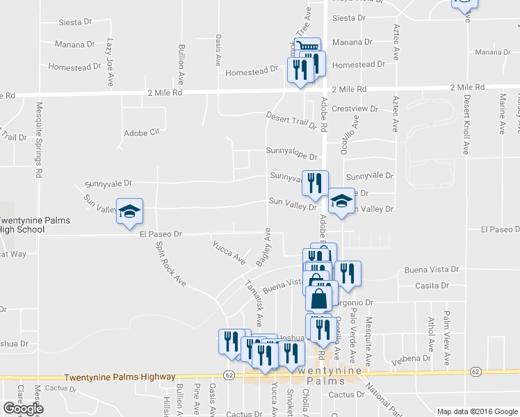 map of restaurants, bars, coffee shops, grocery stores, and more near 73538 Sun Valley Drive in Twentynine Palms