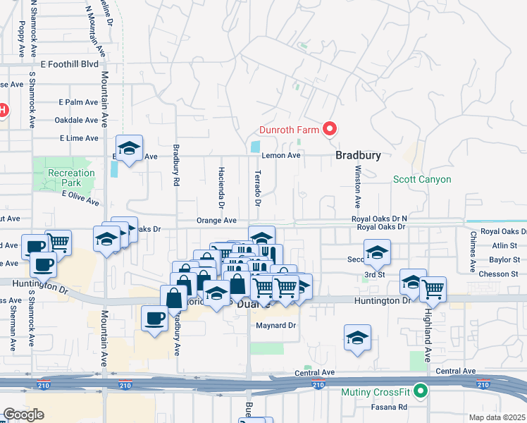 map of restaurants, bars, coffee shops, grocery stores, and more near 620 Terrado Drive in Monrovia