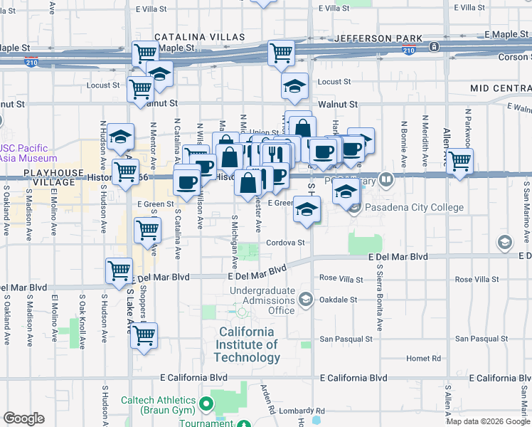 map of restaurants, bars, coffee shops, grocery stores, and more near 1324 East Green Street in Pasadena