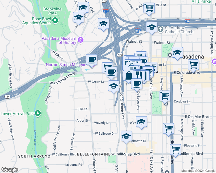 map of restaurants, bars, coffee shops, grocery stores, and more near 330 West Green Street in Pasadena