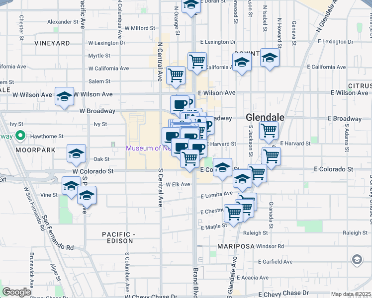 map of restaurants, bars, coffee shops, grocery stores, and more near 821 Americana Way in Glendale