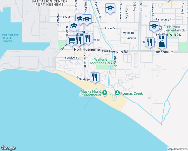 map of restaurants, bars, coffee shops, grocery stores, and more near in Naval Air Station Point Mugu
