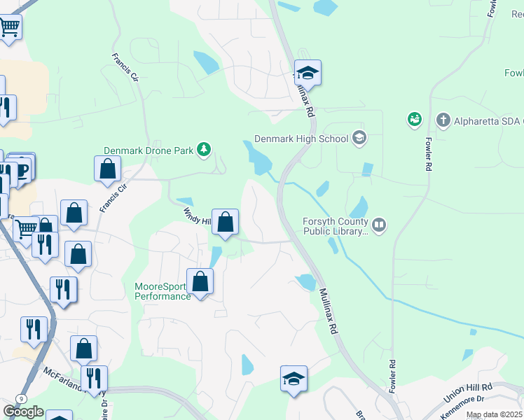 map of restaurants, bars, coffee shops, grocery stores, and more near 154 Windy Hill Court in Alpharetta