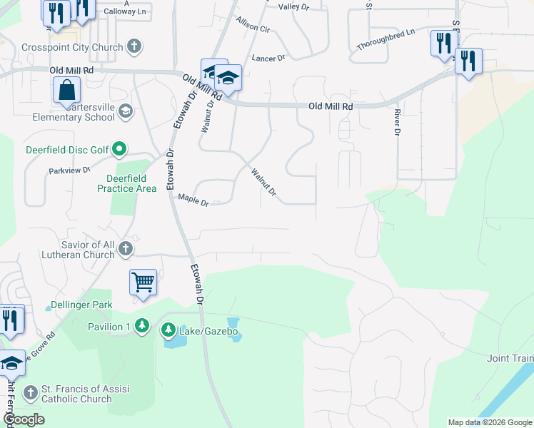 map of restaurants, bars, coffee shops, grocery stores, and more near 8 Red Oak Drive in Cartersville