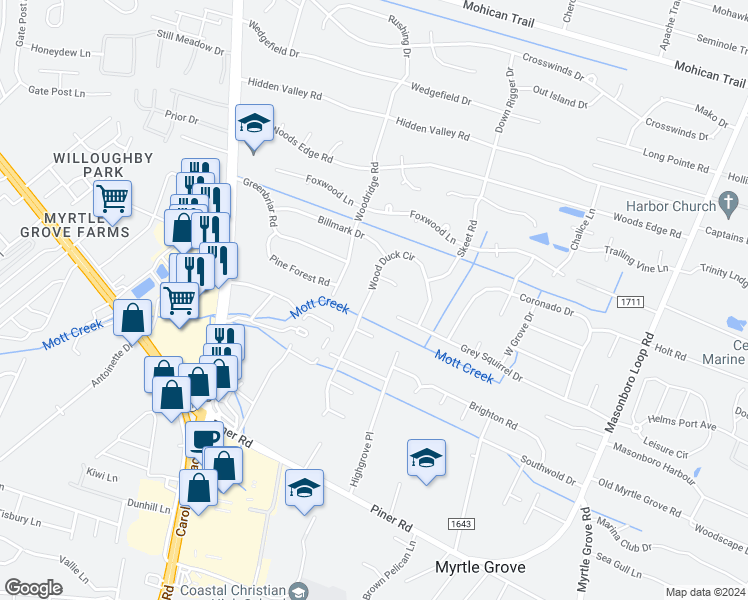 map of restaurants, bars, coffee shops, grocery stores, and more near 5623 Wood Duck Circle in Wilmington