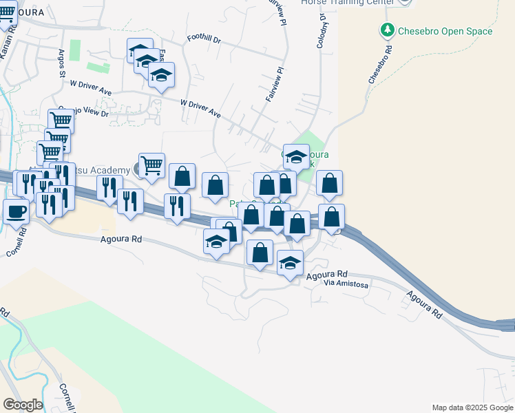 map of restaurants, bars, coffee shops, grocery stores, and more near 5250 Colodny Drive in Agoura Hills